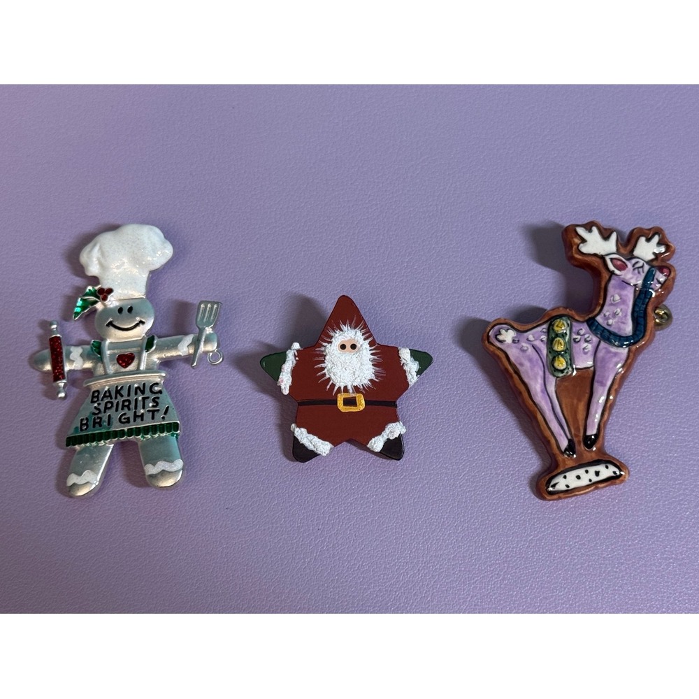 Vintage Christmas Brooch Lot Pin Set Heather Goldminc Reindeer Santa Baker Chef